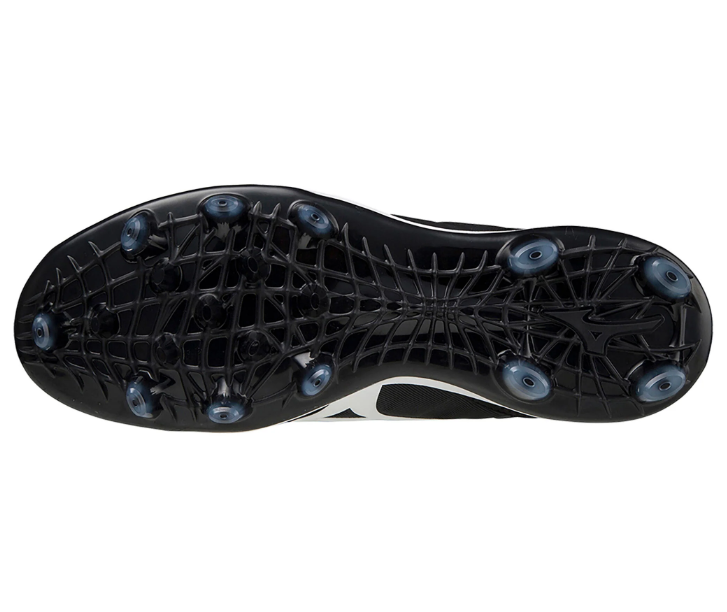 A photo of the Mizuno 9-Spike Advanced Finch Elite 5 TPU Women's Molded Softball Cleats bottom view with black soles