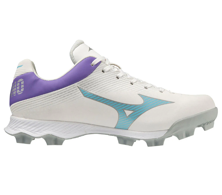 A photo of the Mizuno Wave Finch Lightrevo Women's Molded Softball Cleat on colour blue and white side view.