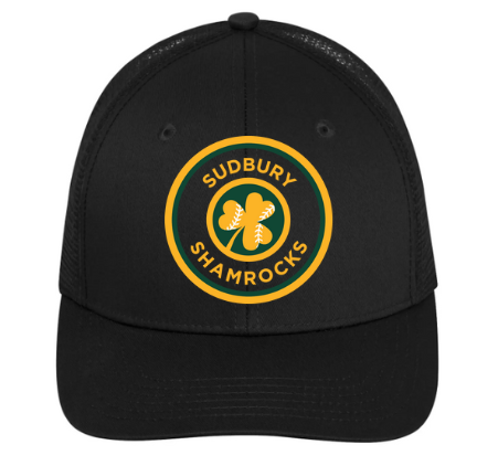 A photo of the Sudbury Minor Baseball Association Trucker Hat with SMBA logo in colour black front view.