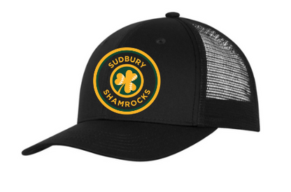 A photo of the Sudbury Minor Baseball Association Trucker Hat with SMBA logo in colour black side view.