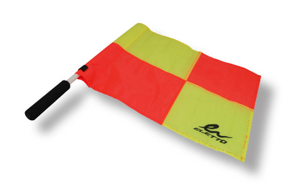 A photo of the Eletto Power Linesman Flag colour yellow and red with black padded handle angled view.