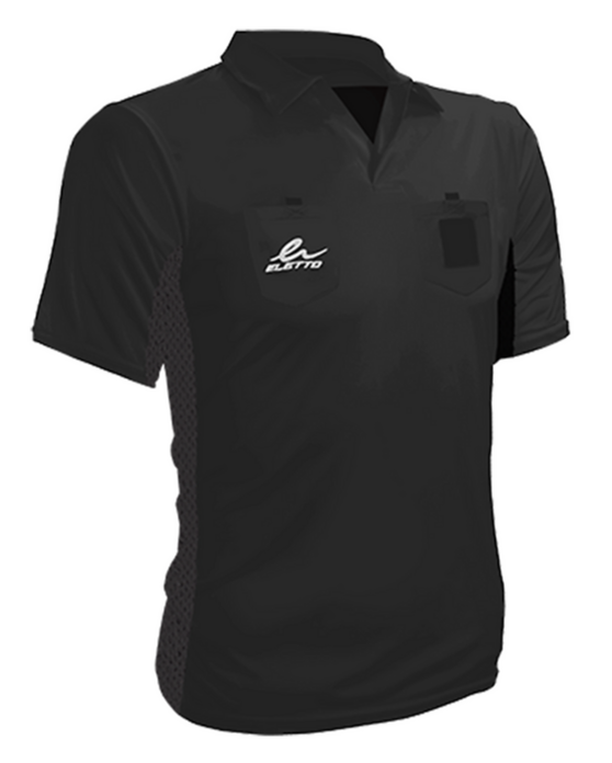 A photo of the Eletto Soccer Referee Jersey Derby in colour black with Eletto logo and two front pockets. 