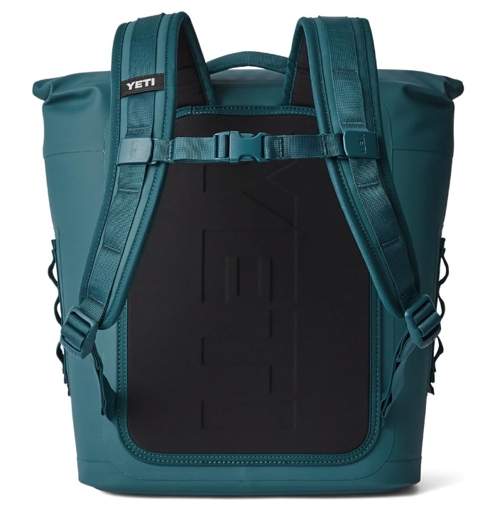 A photo of the Yeti Hopper M12 Soft Cooler Backpack in colour teal back view.