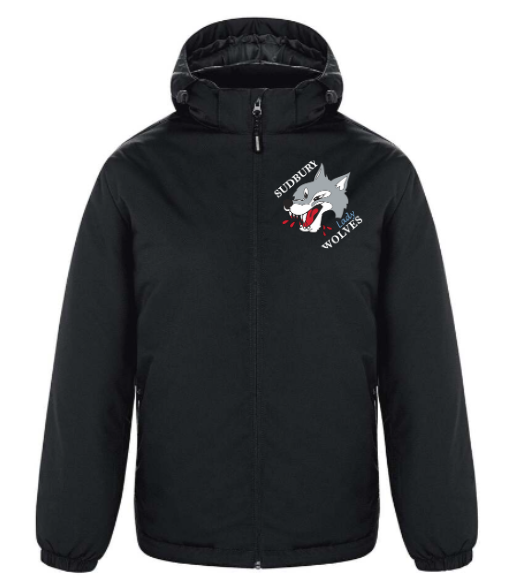 A photo of the Sudbury Lady Wolves Insulated Coaches Jacket with custom logo in colour black