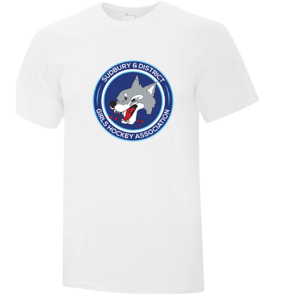 A photo of the SDGHA T-Shirt with custom logo in white