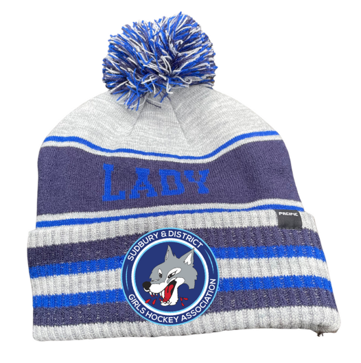 A photo of the SDGHA Toque with logo in blue, purple and grey