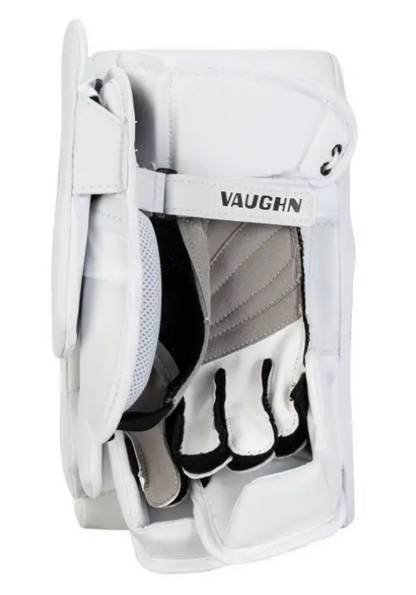 A photo of the Vaughn SLR4 Pro Carbon Senior Goalie Blocker in colour white palm view.