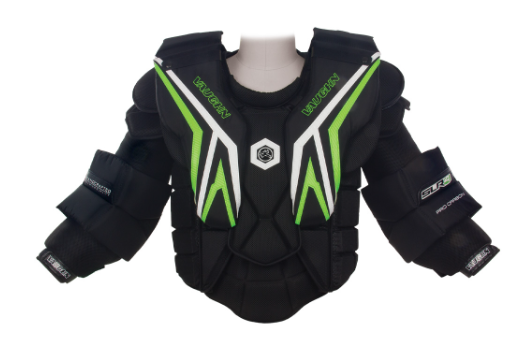 A photo of the Vaughn VP SLR4 Pro Carbon Arm and Chest Pad in colour black, green and white front view.