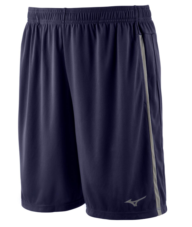 A photo of the Mizuno Men's Icon 8" Training Shorts in colour navy and charcoal, angled view.