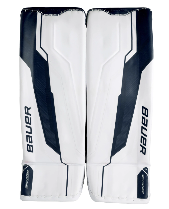 A photo of the Bauer Supreme Shadow Senior Goalie Pads in colour white and navy