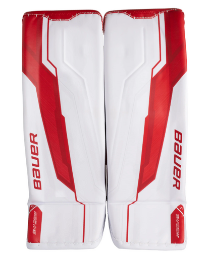 A photo of the Bauer Supreme Shadow Senior Goalie Pads in colour white and red.