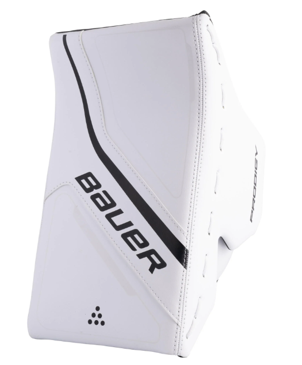 A photo of the 2024 Bauer Prodigy Youth Goalie Blocker in colour white and black, outside pad view.