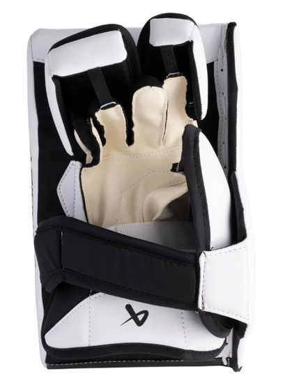 A photo of the 2024 Bauer Prodigy Youth Goalie Blocker in colour white and black, inner glove view.