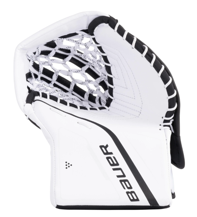 A photo of the 2024 Bauer Prodigy Youth Goalie Catcher in colour white and black palm side.