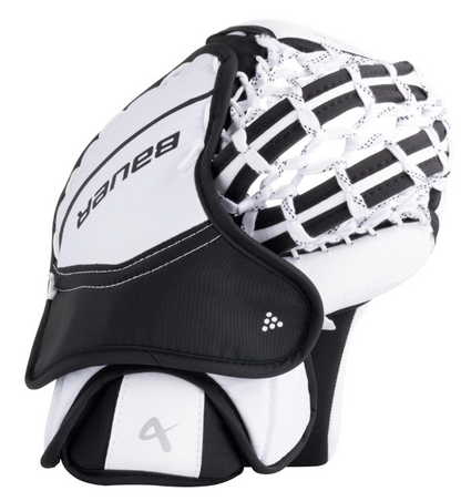 A photo of the 2024 Bauer Prodigy Youth Goalie Catcher in colour white and black rear side.