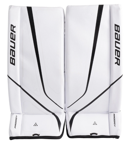 A photo of the 2024 Bauer Prodigy Youth Goalie Leg Pads in colour black and white front view.