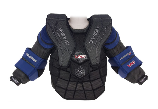 A photo of the Vaughn V10 Junior Goalie Chest Protector in colours black and blue.