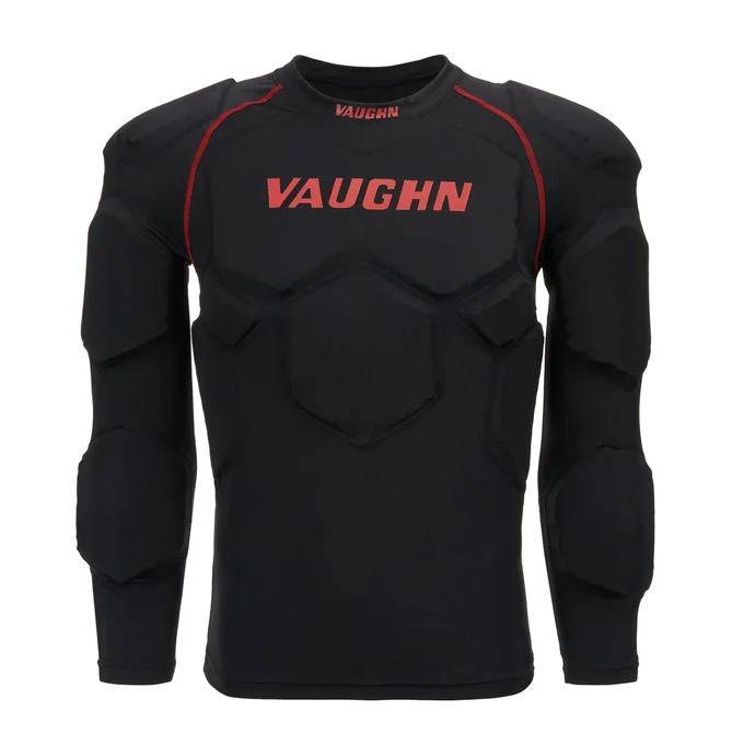 A photo of the Vaughn V10 Pro Padded Goalie Compression Shirt in colour black and red