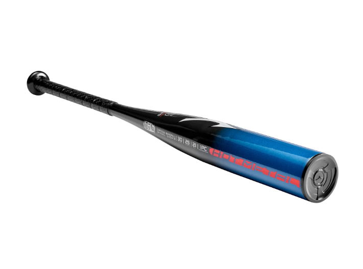 A photo of the Mizuno B22-Hot Metal (-5) Youth Baseball Bat in colour blue and black angled view.