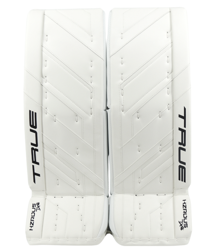 A photo of the True HZRDUS 7X4 Senior Goalie Pad in colour white, front view.