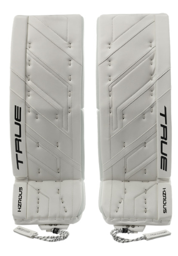 A photo of the True HZRDUS 9X4 Senior Goalie Pad in colour white, front view.