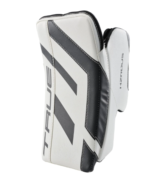 A photo of the True HZRDUS Junior Goalie Blocker in colour black and white, front view.