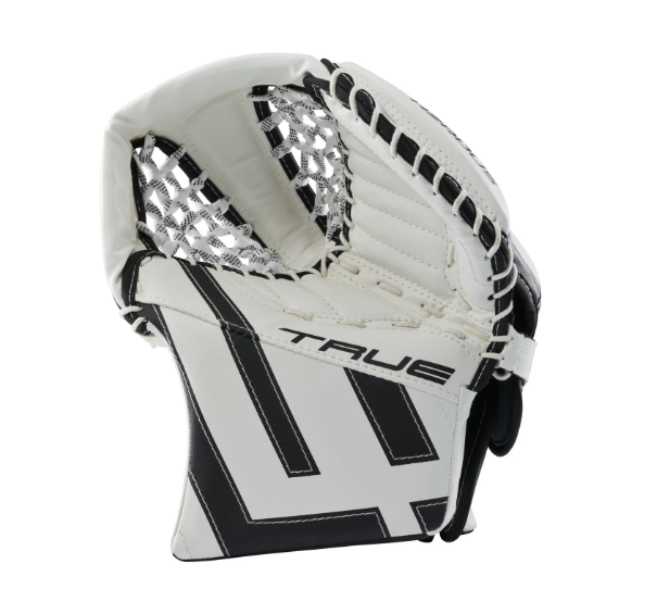 A photo of the True HZRDUS Junior Goalie Catcher in colour black and white, front view.