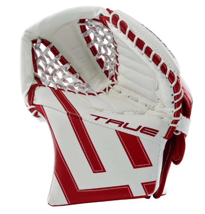 A photo of the True HZRDUS Junior Goalie Catcher in colour red and white, front view.