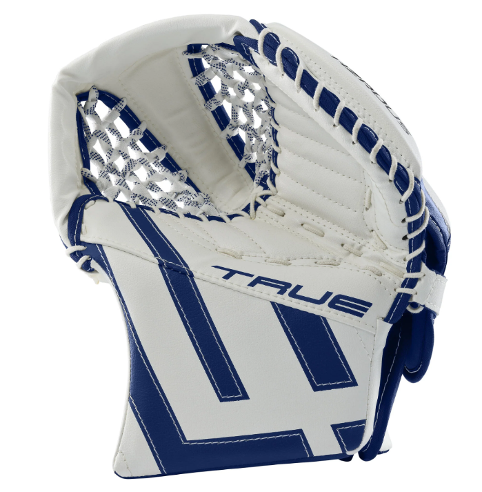 A photo of the True HZRDUS Junior Goalie Catcher in colour royal and white, front view.