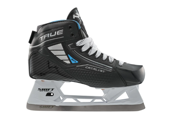 A photo of the True Catalyst 5X4 Senior Goalie Skates in colour black, side view.