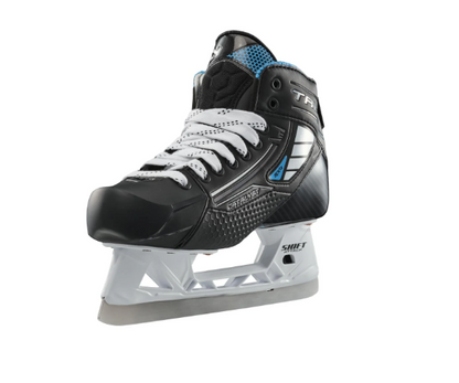 A photo of the True Catalyst 9X4 Senior Goalie Skates in colour black, angled view.