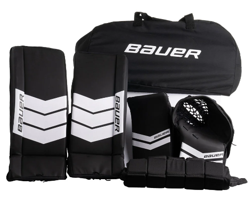 A photo of the Bauer Learn to Save Goalie Set. The pads are in colour black and white.