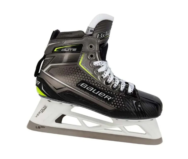 A photo of the Bauer S21 Elite Intermediate Goalie Skate in colour black and silver, side view.