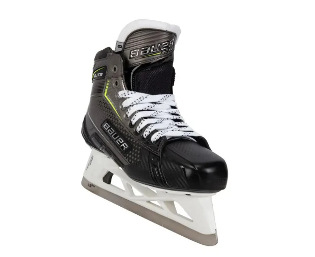 A photo of the Bauer S21 Elite Intermediate Goalie Skate in colour black and silver, angled view.