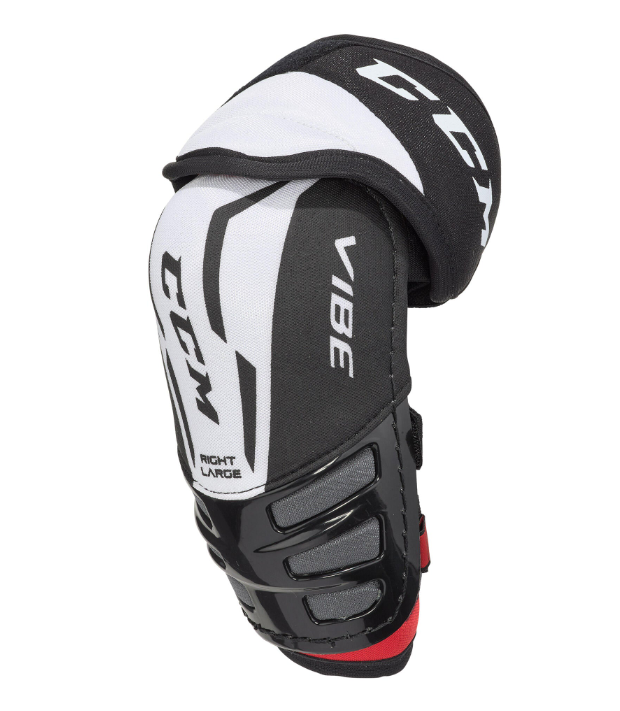 A photo of the CCM JetSpeed Vibe Elbow Pads - Source Exclusive in colour black and white, side view.