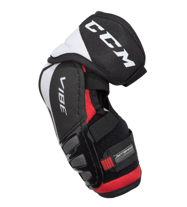 A photo of the CCM JetSpeed Vibe Elbow Pads - Source Exclusive in colour black and white, side view.