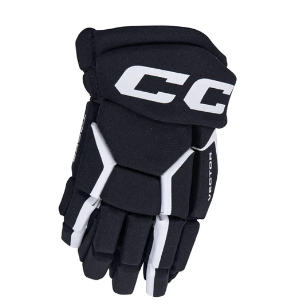 A photo of the CCM Tacks Vector Hockey Gloves - Source Exclusive in colour black and white, front view.