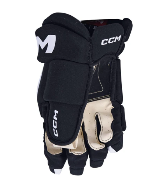 A photo of the CCM Tacks Vector Hockey Gloves - Source Exclusive in colour black and white, palm view.