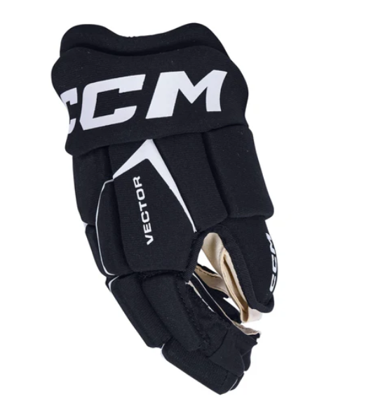 A photo of the CCM Tacks Vector Hockey Gloves - Source Exclusive in colour black and white, side view.