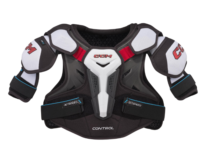 CCM JetSpeed Control Hockey Shoulder Pads - Source Exclusive in colours black, white and red. Front view.