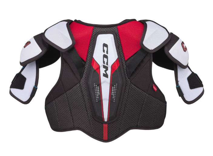 CCM JetSpeed Control Hockey Shoulder Pads - Source Exclusive in colours black, white and red. Back view.