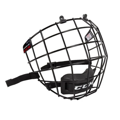 A photo of the CCM FM580 Face Cage in colour black. Side angled view.