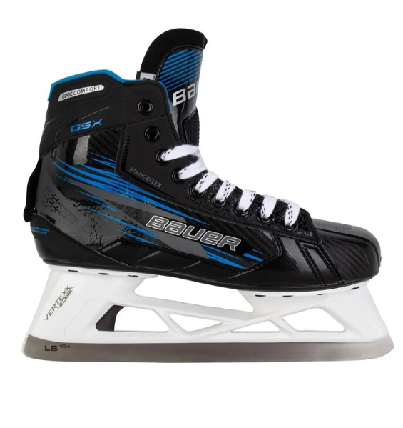 A photo of the Bauer GSX Senior Goalie Skates (2024) in colour black and blue. Side view.