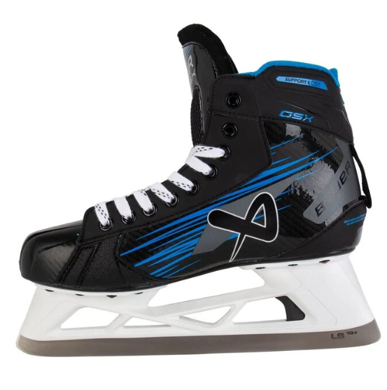 A photo of the Bauer GSX Senior Goalie Skates (2024) in colour black and blue. Side view.