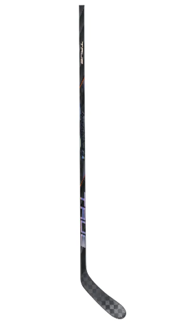 A photo of the True Hockey HZRDUS 9X4 Hockey Stick in colour black with holographic text. Vertical view.