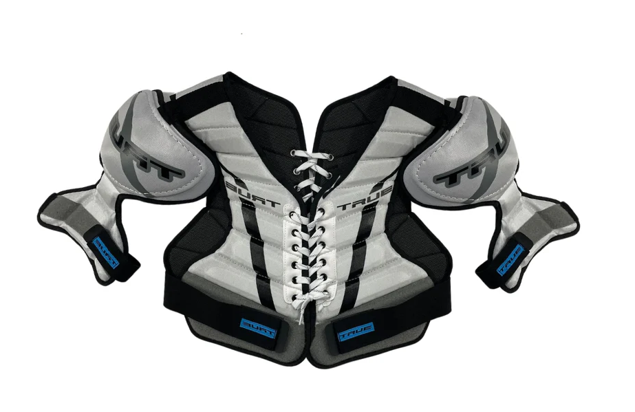 A photo of the True Retro Senior Shoulder Pads in colour white and grey. Front view.