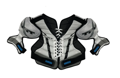 A photo of the True Retro Senior Shoulder Pads in colour white and grey. Front view.