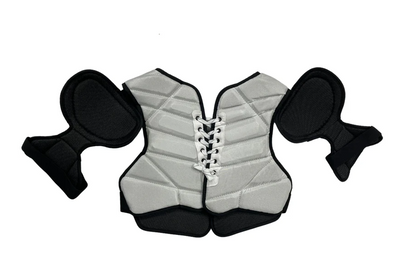 A photo of the True Retro Senior Shoulder Pads in colour white and grey. Rear view.