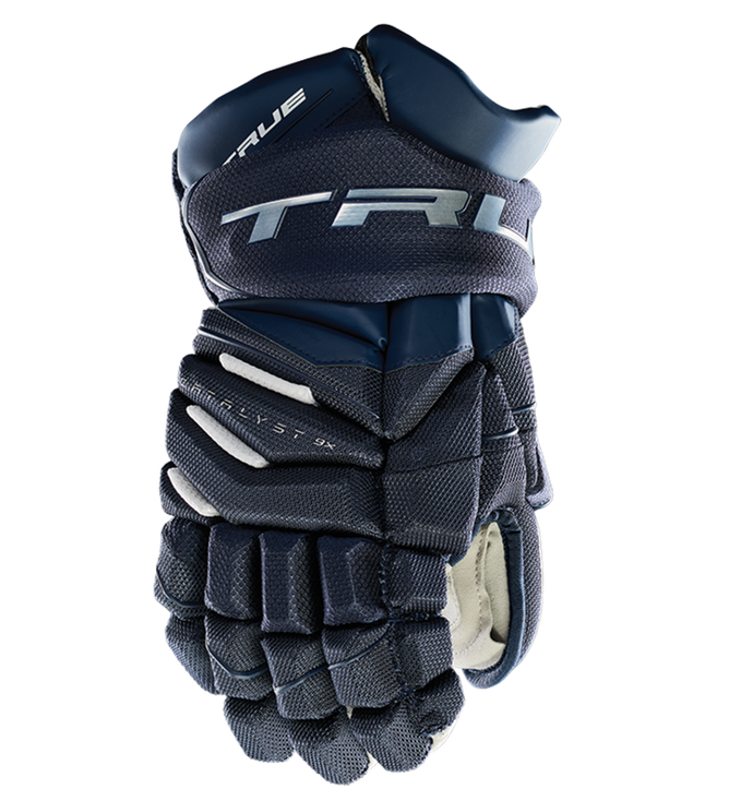 A photo of the True Catalyst 9X Hockey Glove in colour navy. Front view.