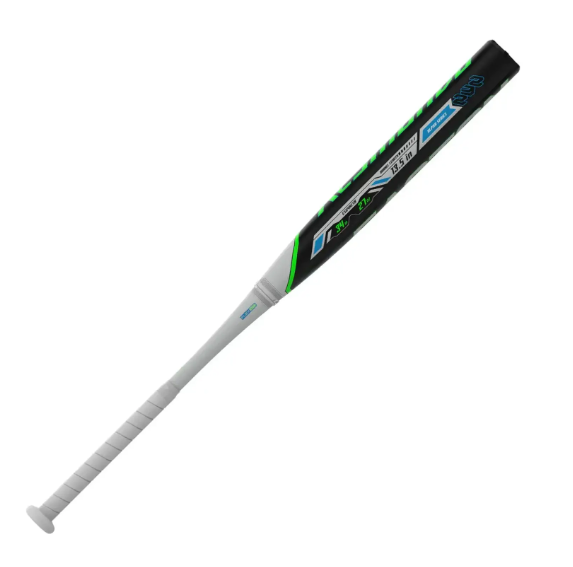 A photo of the Easton Resmondo Balanced 13.5" Slo-Pitch Softball Bat in colour black and green. Side view.